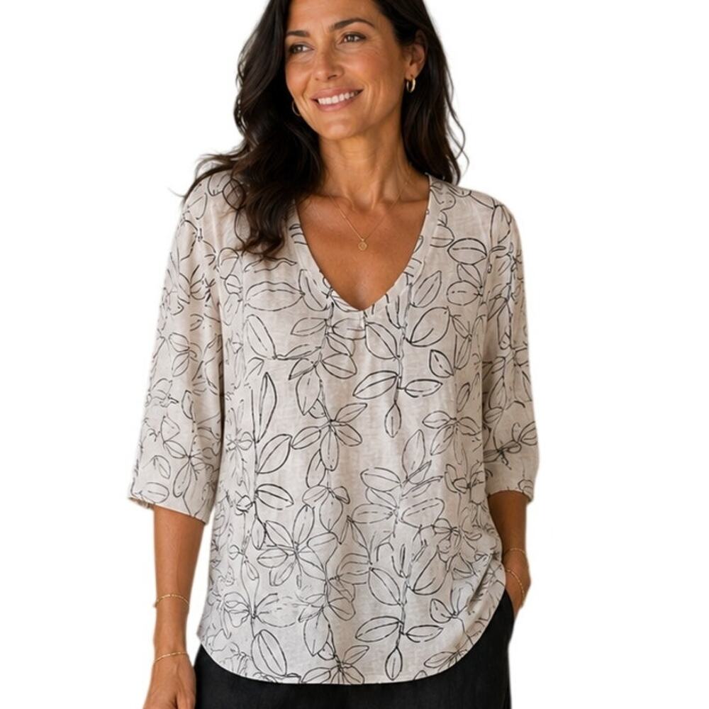 Cynthia Rowley Linen Top Womens Size 1X White Black Sketch Vines Leaf Lagenlook